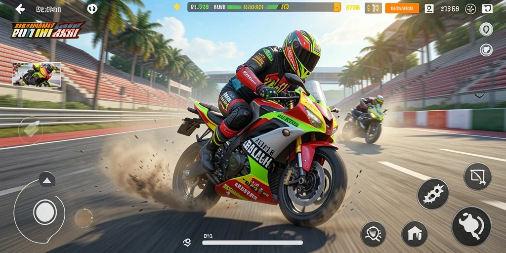 Gameplay 8768 yang mendebarkan dengan balapan motor cepat.