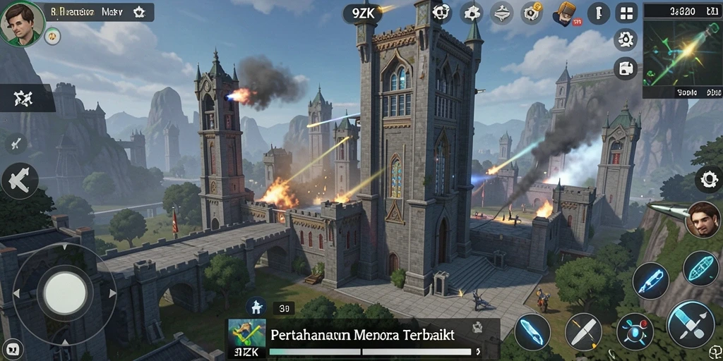 Screenshot gameplay Tower Defense 9ZK dengan aksi seru dan menara strategis.
