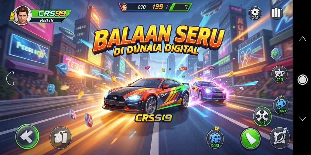 Screenshot CRS99 menampilkan balapan seru dengan mobil cepat.