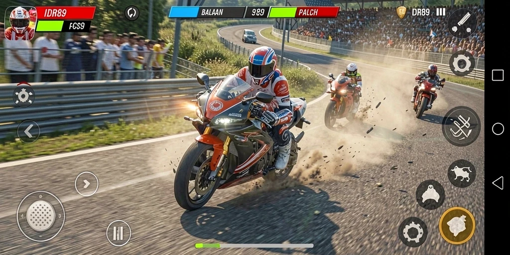 Screenshot utama IDR89 menampilkan aksi balapan motor yang intens.
