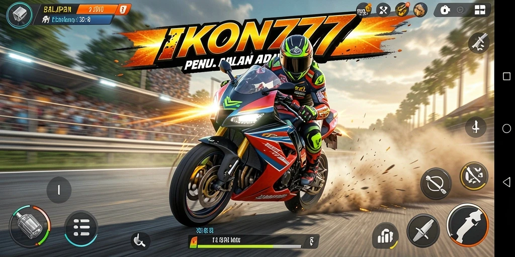Screenshot gameplay IKON777 menampilkan balapan motor yang intens dan seru.