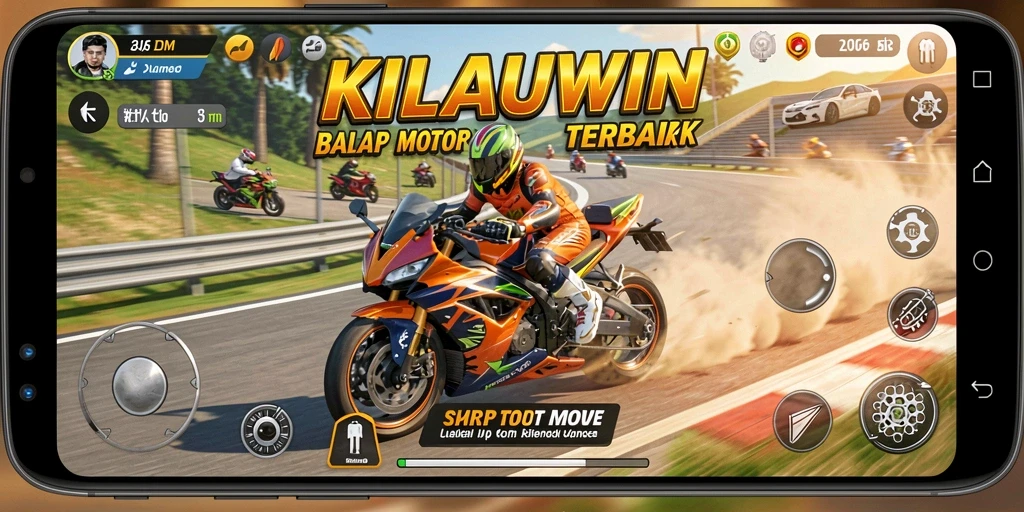 Screenshot dari gameplay KILAUWIN yang menampilkan balap motor yang seru.