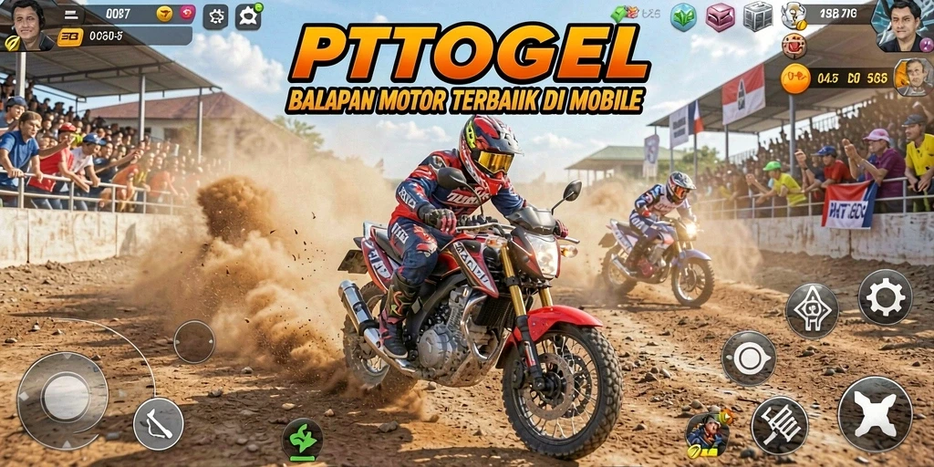 Screenshot gameplay PTTOGEL menampilkan aksi balapan motor yang seru dan penuh tantangan.