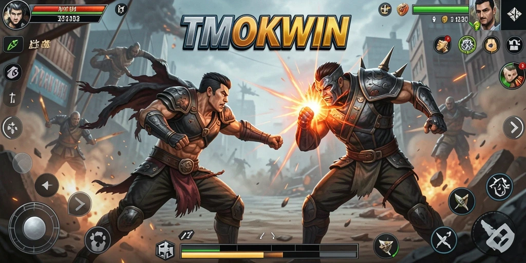 Tangkapan layar gameplay TMOKWIN dengan aksi pertarungan yang intens.