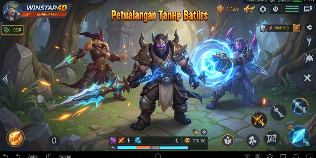 Screenshot gameplay WINSTAR4D menampilkan aksi epik dalam dunia fantasi.